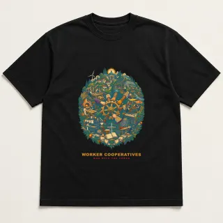 Front of a black tee with a two-color engraved design for Worker Cooperatives