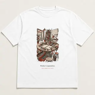Front of a white tee carrying the conceptual sketch Worker Cooperatives design