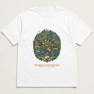 Front of a white tee with a two-color engraved design for Worker Cooperatives