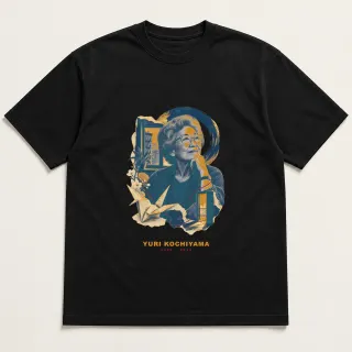 Front of a black tee with a three-color mixed-media design for Yuri Kochiyama