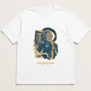 Front of a white tee with a three-color mixed-media design for Yuri Kochiyama