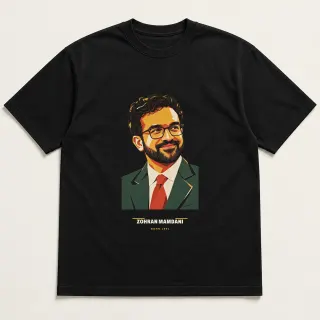 Front of a black tee carrying the cut paper modern Zohran Mamdani design