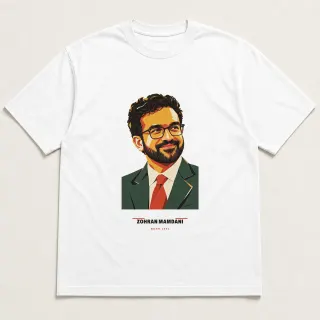 Front of a white tee carrying the cut paper modern Zohran Mamdani design