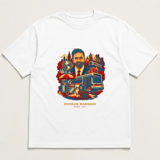 Front of a white tee with a four-color pixel-art design for Zohran Mamdani